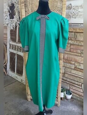 Vintage Via Sant Andrea Green Puff Sleeve Shift Dress with Striped Trim_18